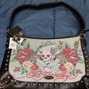 NWT Ed Hardy Black and Gray Hobo Shoulder Bag with Multicolor Design
